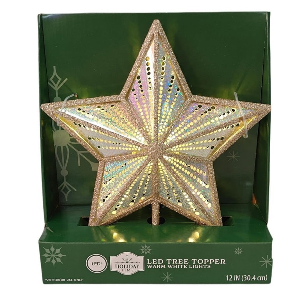 Holiday Time Gold Christmas Tree Topper, LED Light, 12”